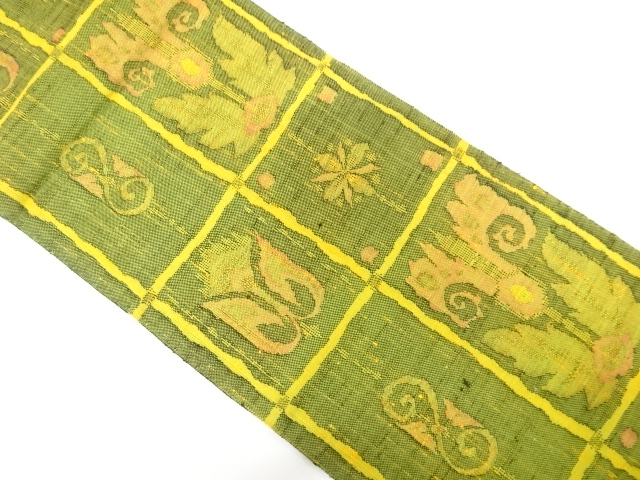 手織り真綿紬　枡に花更紗模様織り出し　名古屋帯